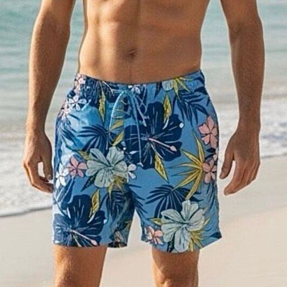 George Men’s Blue Hawaiian Lined Swim Trunks Shorts Sz L 36-38
